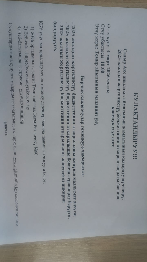 Садыр аке айыл өкмөтүнүн 2025-жылдын жергиликтүү бюджетинин аткарылышы жөнүндө маалымат